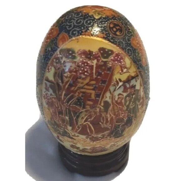 Vintage Chinese Ceramic Eggs Large 5x3" Festive Hand Painted W/ Wooden Pedestal - Picture 2 of 16
